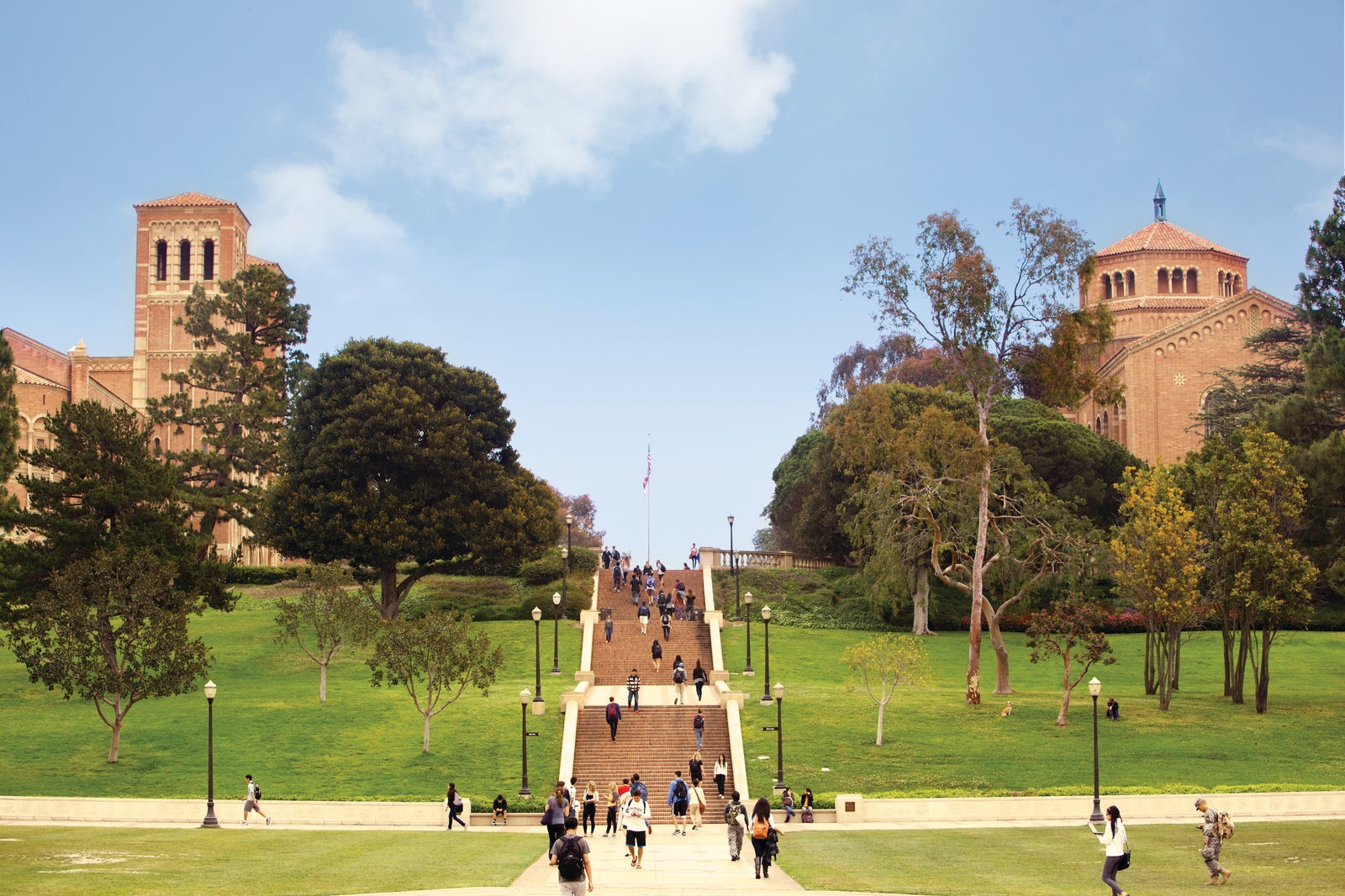 The towers of Royce Hall and the octagonal dome of Powell Library are visible at the top of Janss Steps