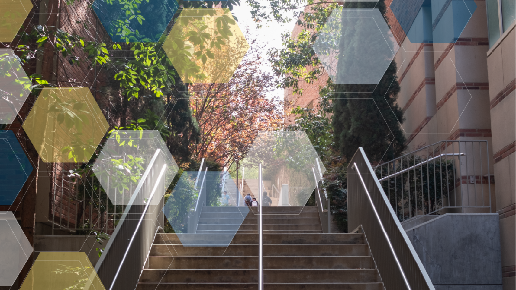 Looking up a flight of outdoor stairs with blue, yellow, and white molecule overlay