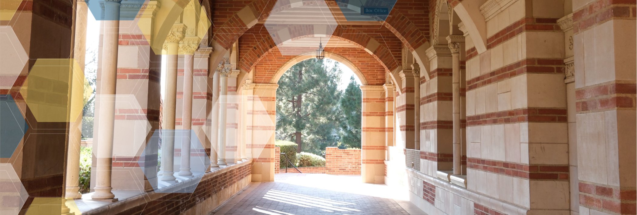 Royce Hall breezeway with blue, yellow, and white molecule overlay