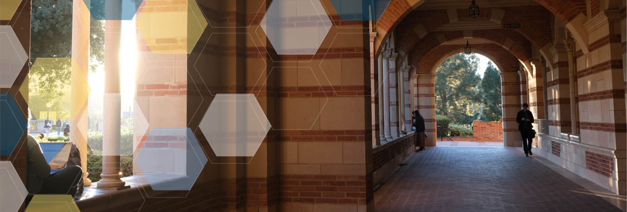 Royce Hall breezeway with blue, yellow, and white molecule overlay