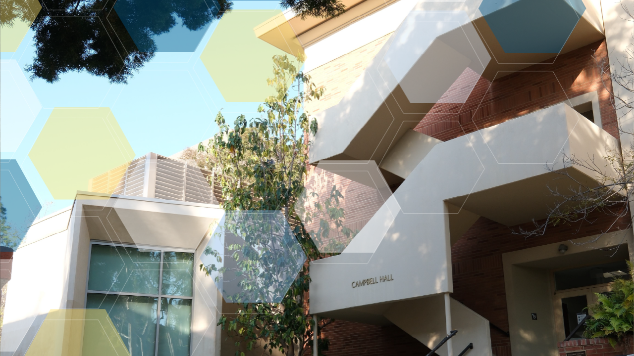 Looking up at UCLA Campbell Hall stairway with white, yellow, and blue molecule overlay.