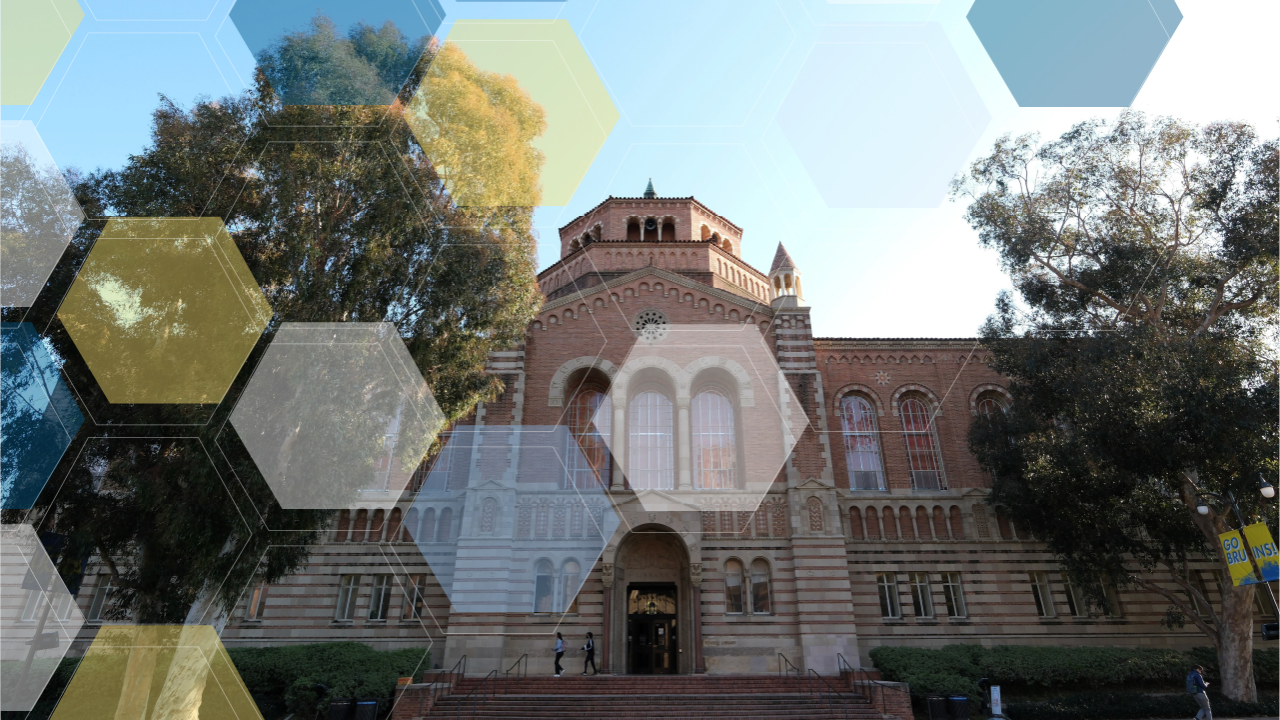 Looking up at Powell Library.