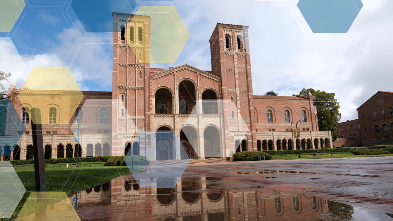 Royce Hall reflecting in a puddle of water after a rainstorm with blue, white, and yellow molecule overlay.