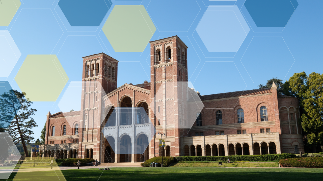 Royce Hall and the lawn in front of it with yellow, blue, and white molecule overlay.