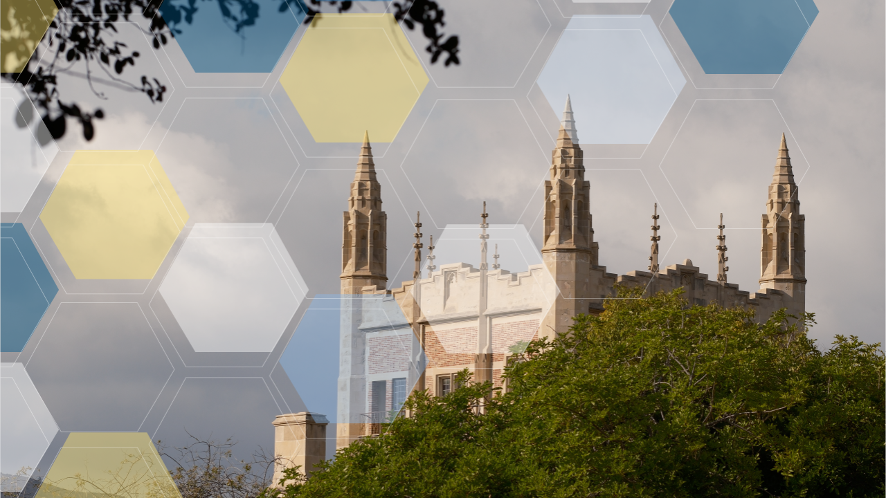 The spires of UCLA's Kerckhoff in the distance with yellow, while, and blue molecule overlay.