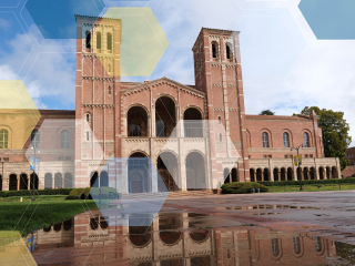 Royce Hall reflecting in a puddle of water after a rainstorm with blue, white, and yellow molecule overlay.