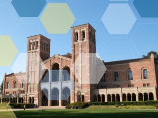 Royce Hall and the lawn in front of it with yellow, blue, and white molecule overlay.