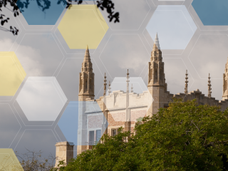 The spires of UCLA's Kerckhoff in the distance with yellow, while, and blue molecule overlay.